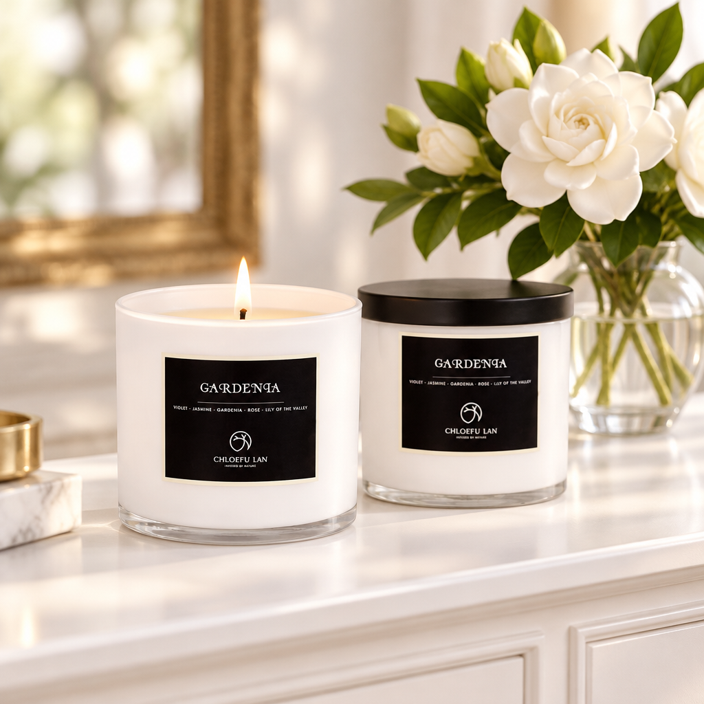 Gardenia Soy Candle Duo, 7.1 oz Each styled in a room