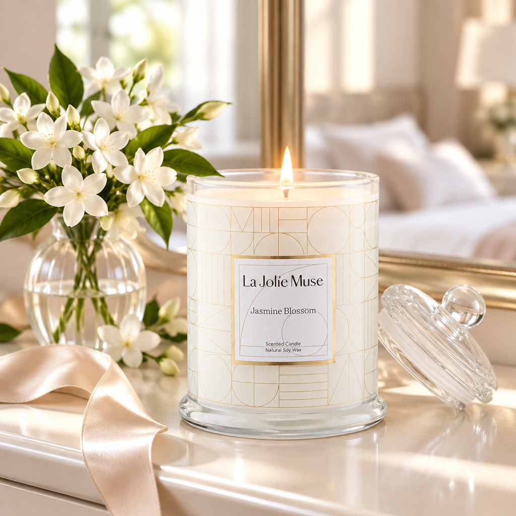 Jasmine Blossom Luxury Scented Candle, 70 Hour Burn styled in a room