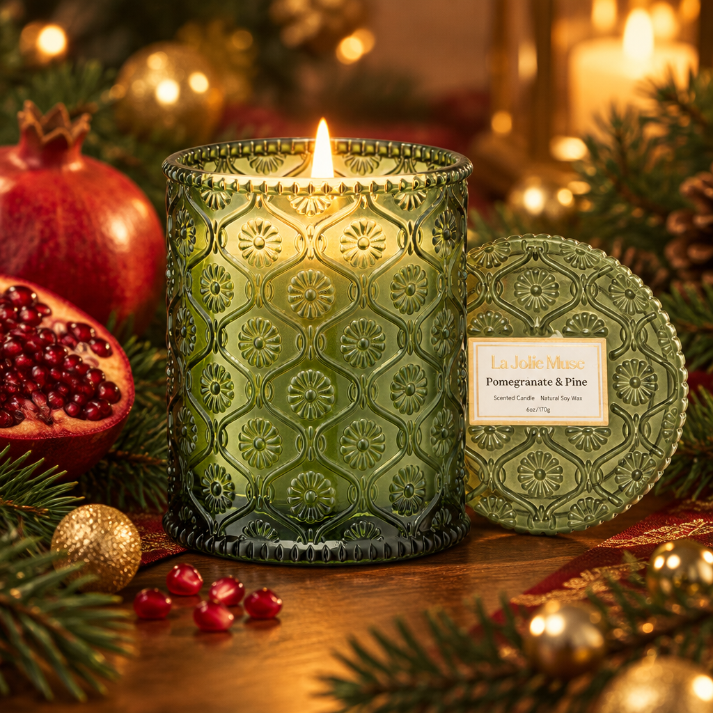 Pomegranate and Pine Holiday Candle, 6 oz styled in a room