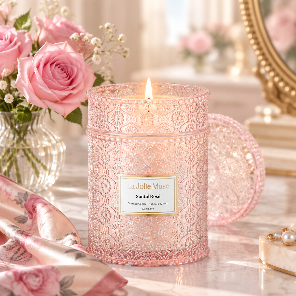 Santal Rose Luxury Scented Candle, 19 oz styled in a room