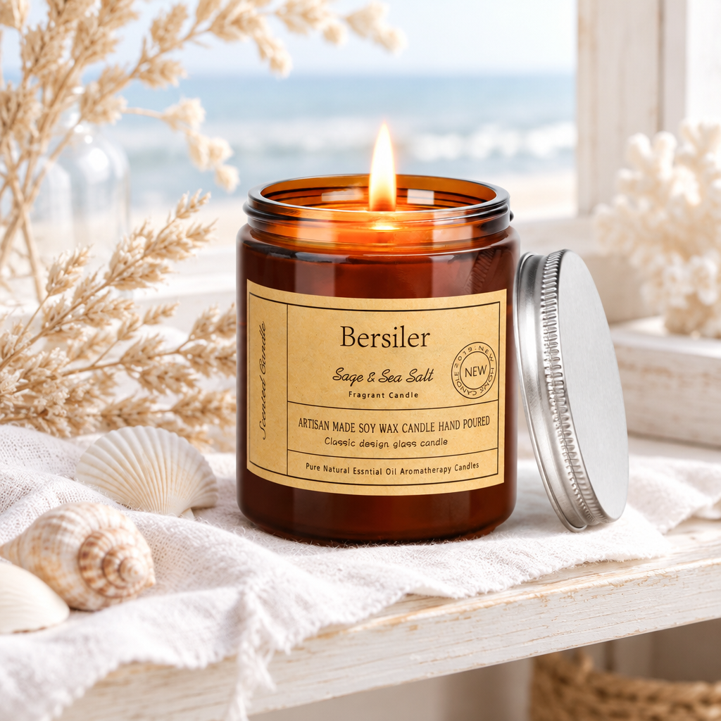 Sage and Sea Salt Soy Wax Candle styled in a room
