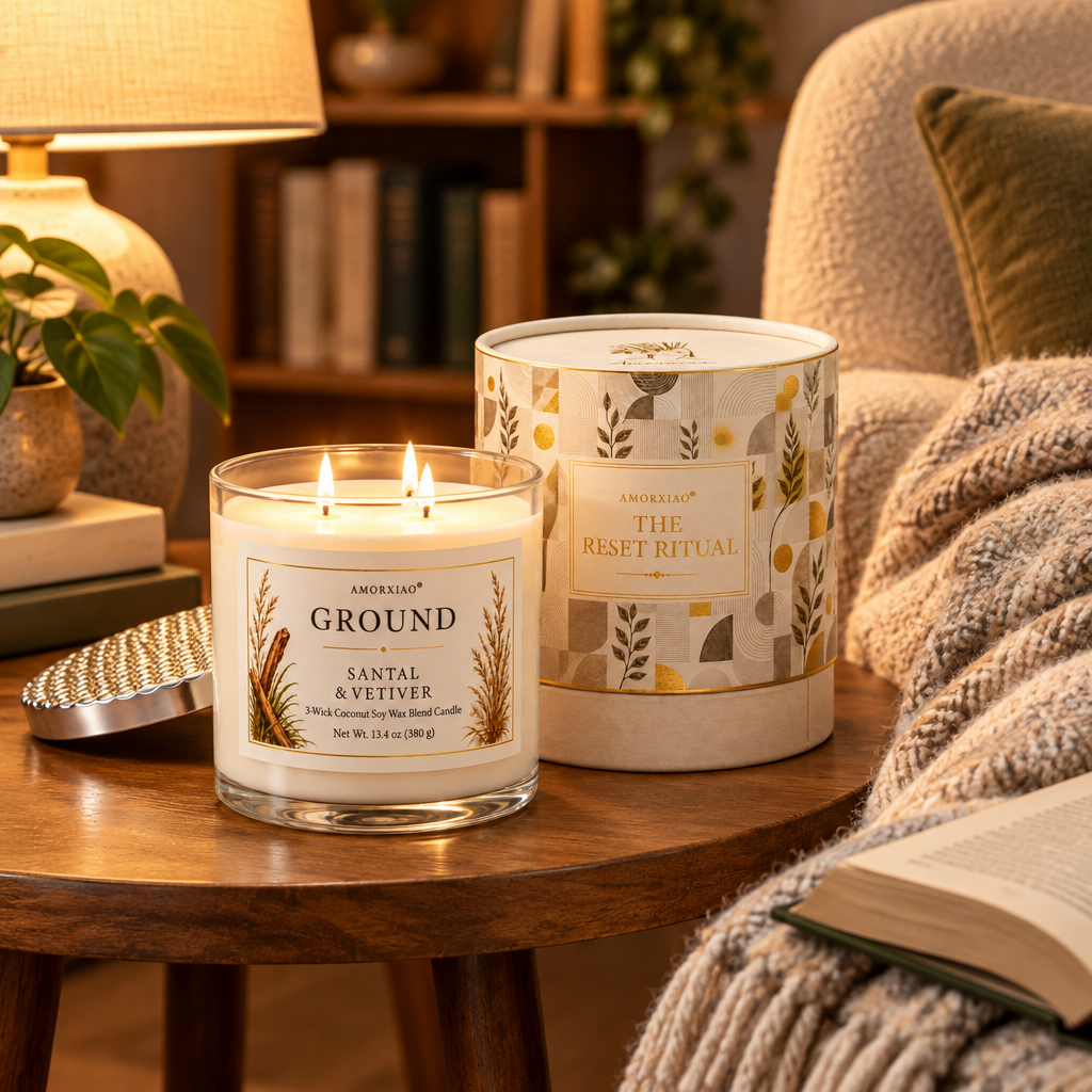 Santal and Vetiver Three Wick Scented Candle, 13.4 oz styled in a room