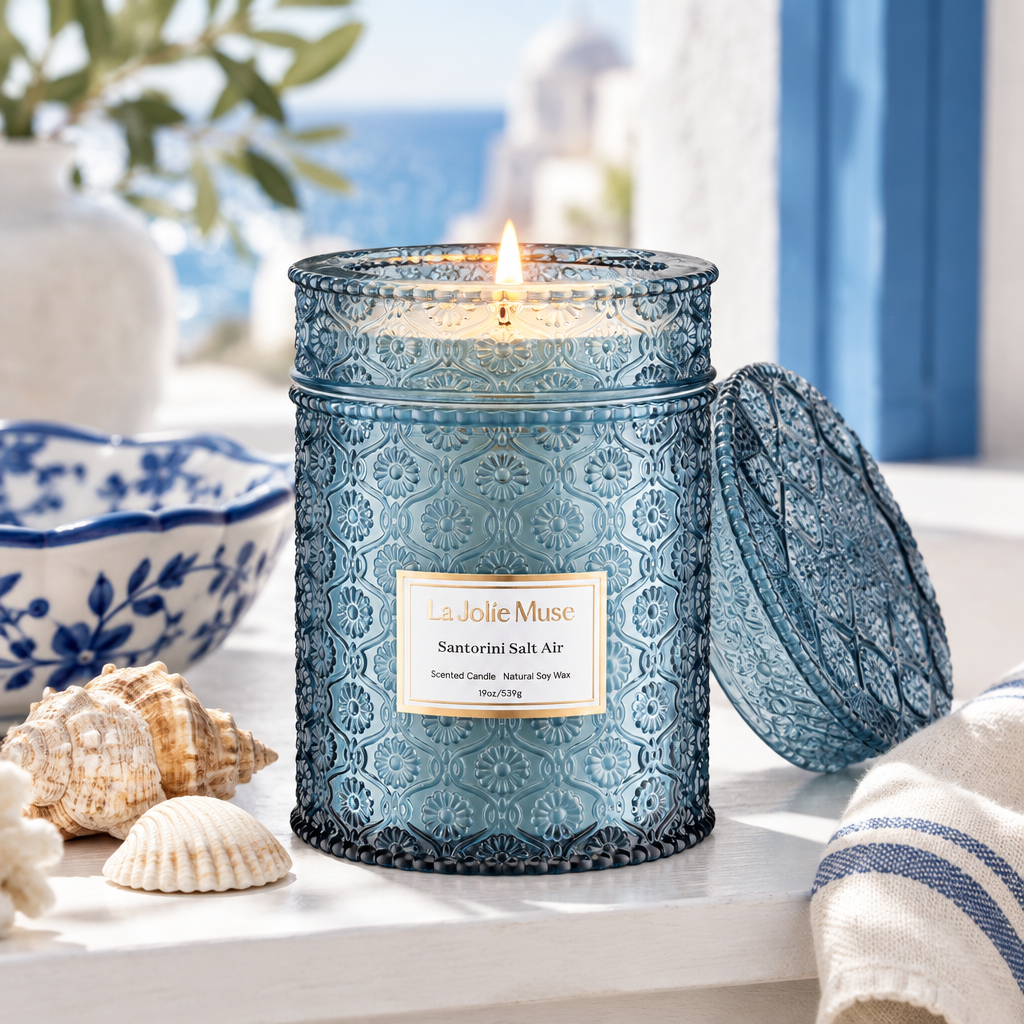 Santorini Salt Air Luxury Scented Candle, 19 oz styled in a room