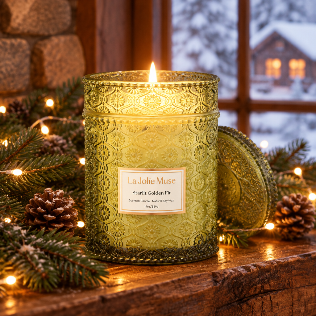 Starlit Golden Fir Luxury Scented Candle, 19 oz styled in a room
