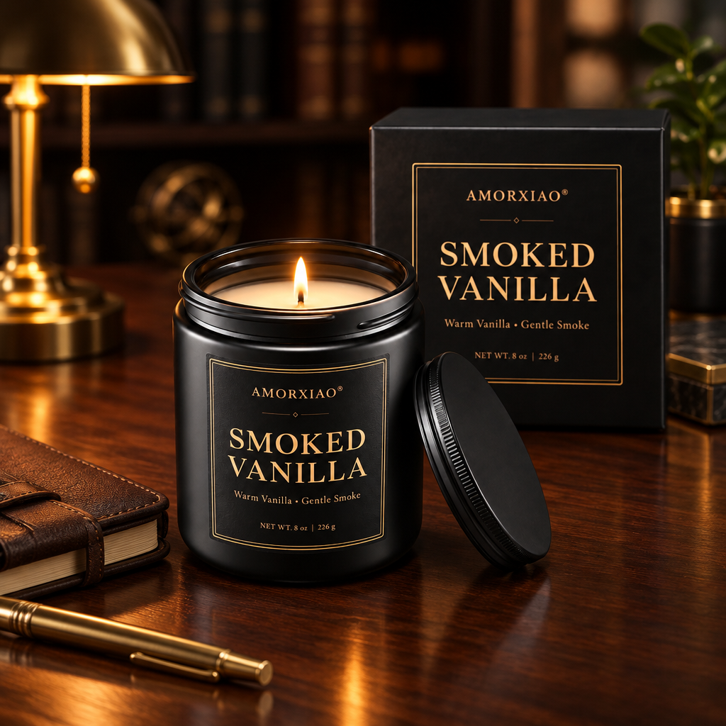 Smoked Vanilla Soy Candle in Matte Black Glass, 8 oz styled in a room
