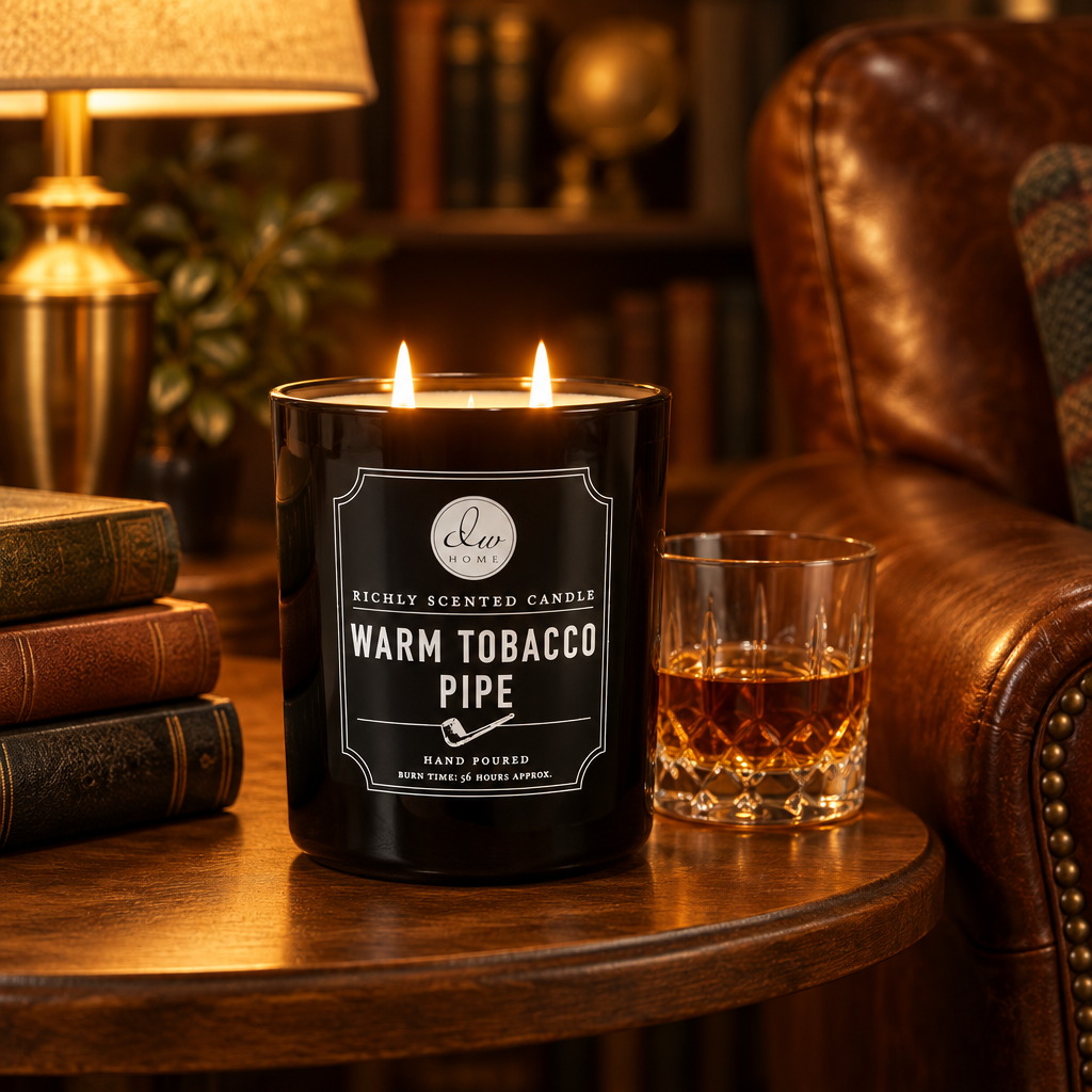 Warm Tobacco Pipe Large Double Wick Scented Candle, 15 oz styled in a room