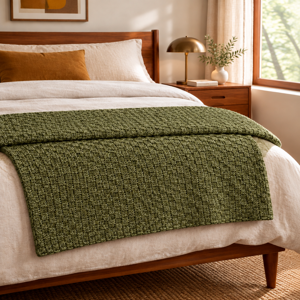 Cotton Knit Throw Blanket in Olive Green