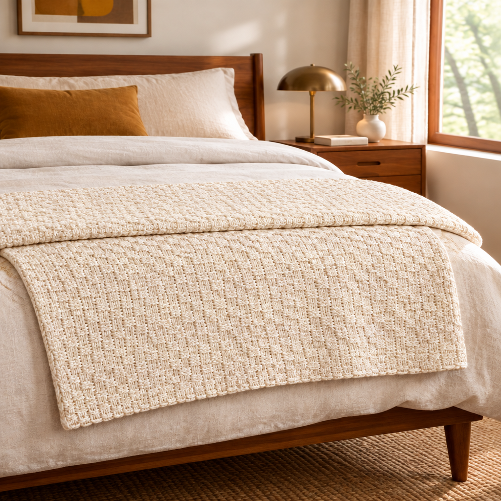 Cotton Knit Throw Blanket in Cream