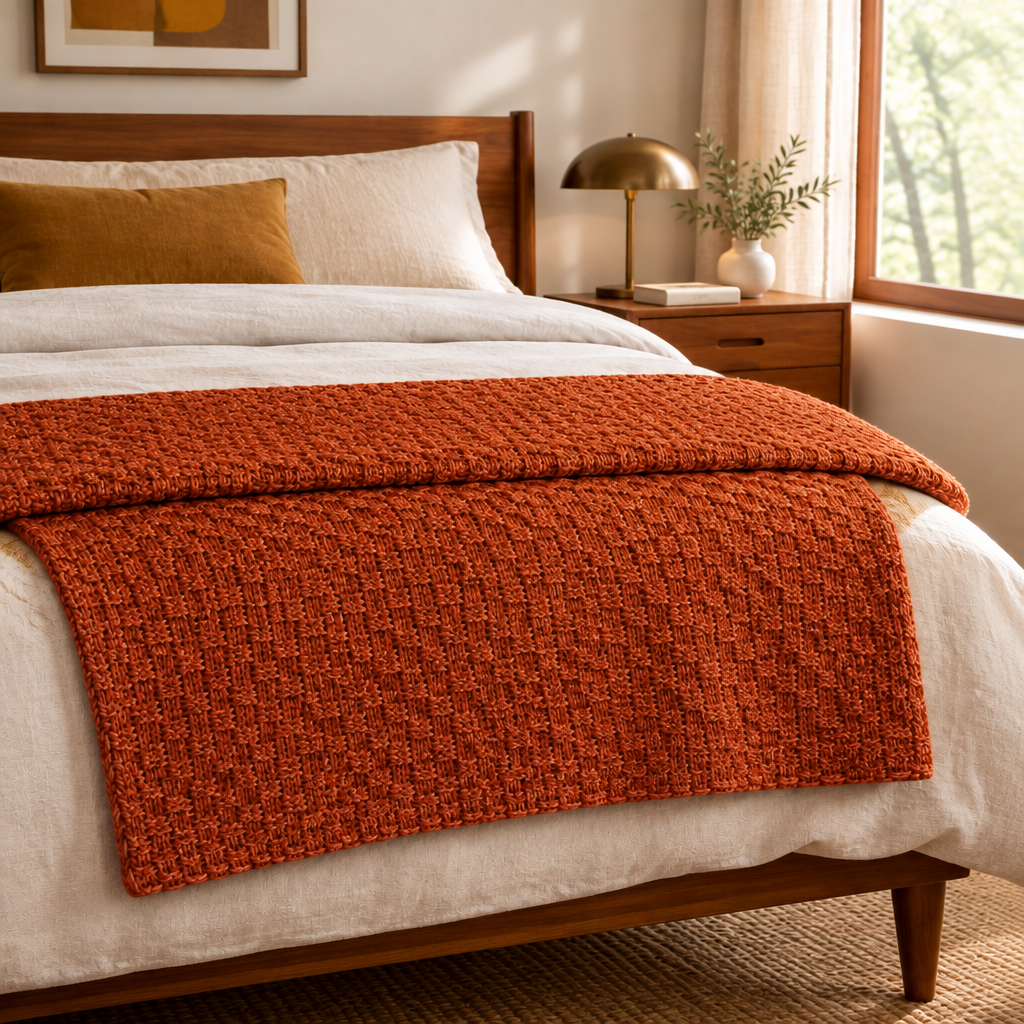 Cotton Knit Throw Blanket in Burnt Orange