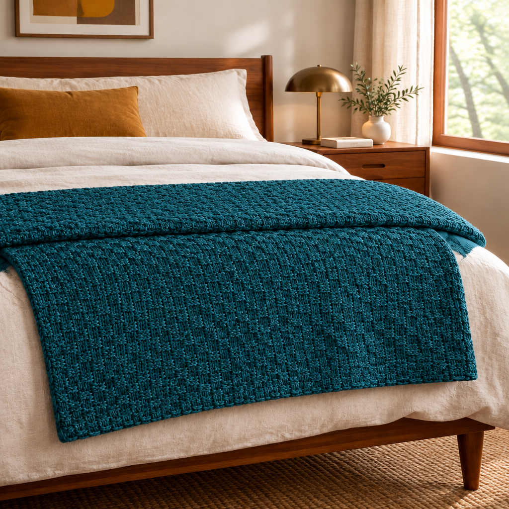 Cotton Knit Throw Blanket in Teal