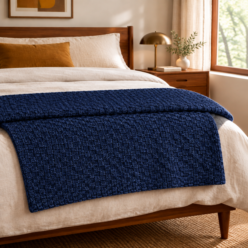 Cotton Knit Throw Blanket in Dark Navy Blue