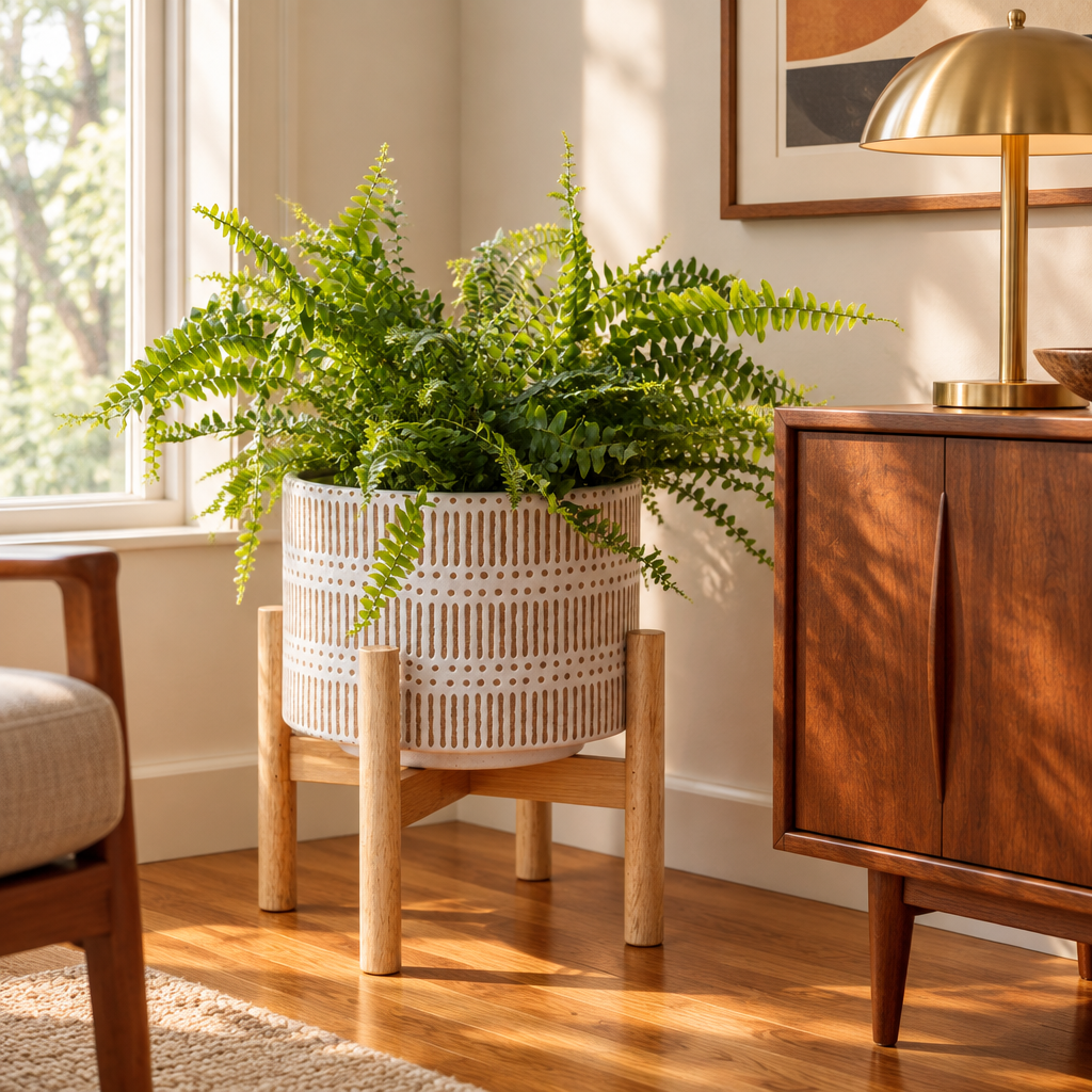 Ceramic Planter with Wood Stand, Beige and White, 7 Inch styled in a room