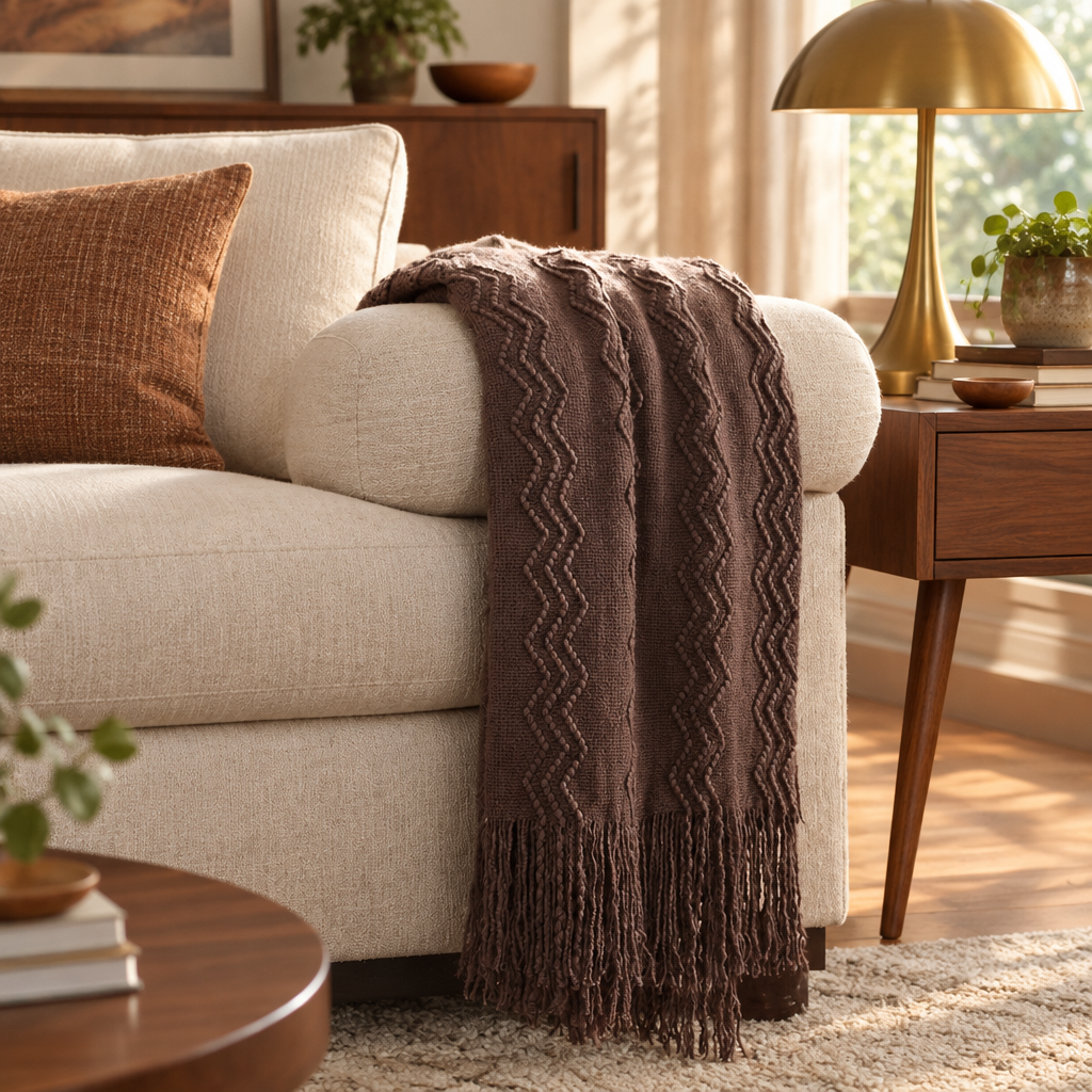 Chunky Knit Throw Blanket in Brown, 50 by 60 Inches styled in a room