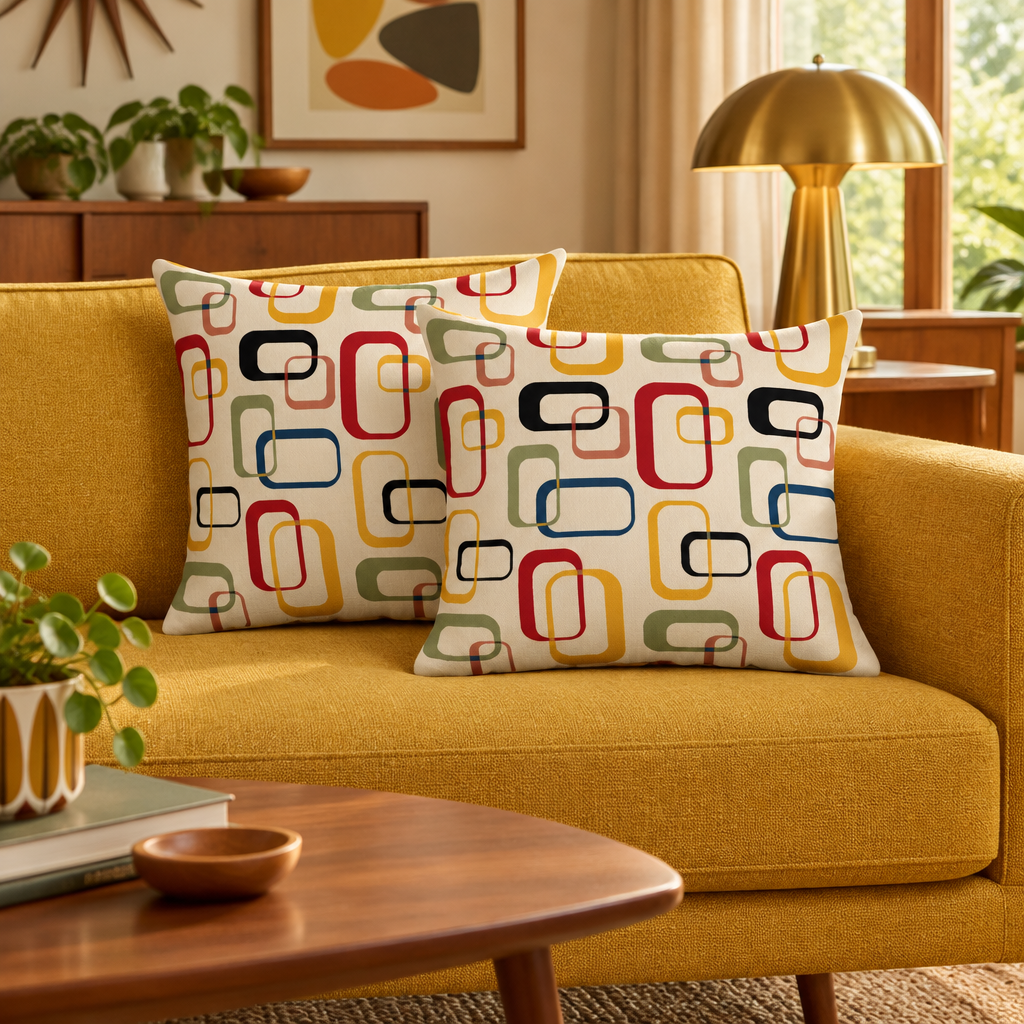 Mid Century Retro Throw Pillow Covers, Set of 2, 18 by 18 Inch styled in a room