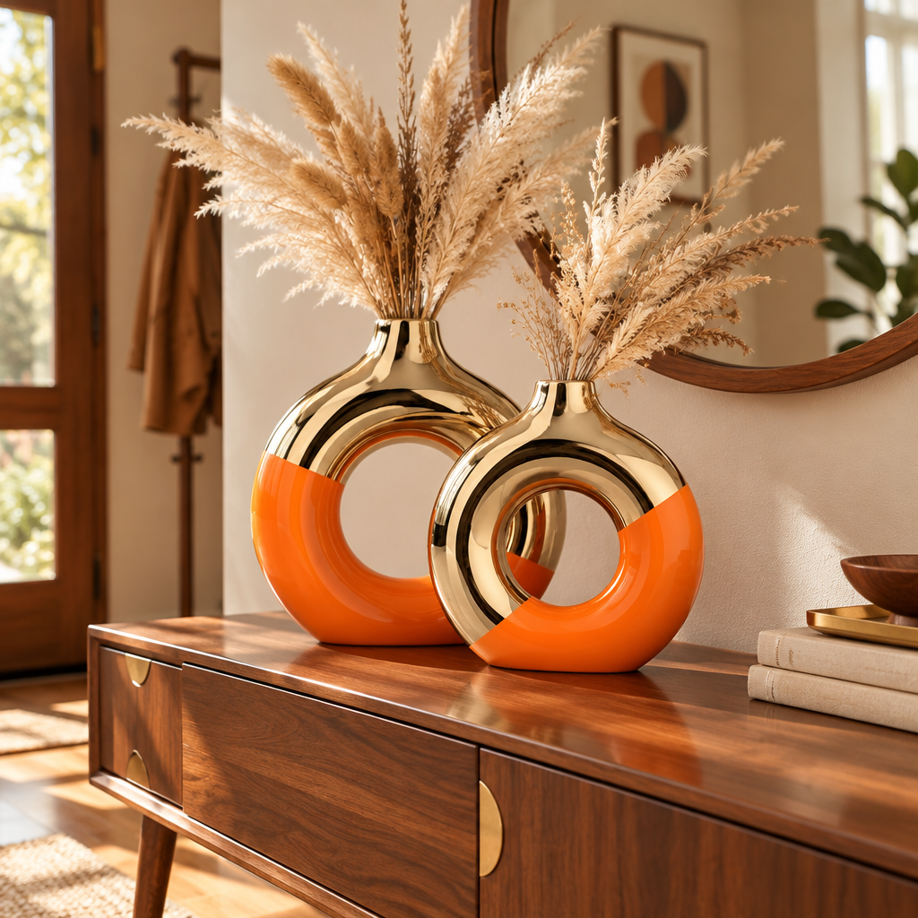 Orange and Gold Ceramic Donut Vase, Set of 2 styled in a room