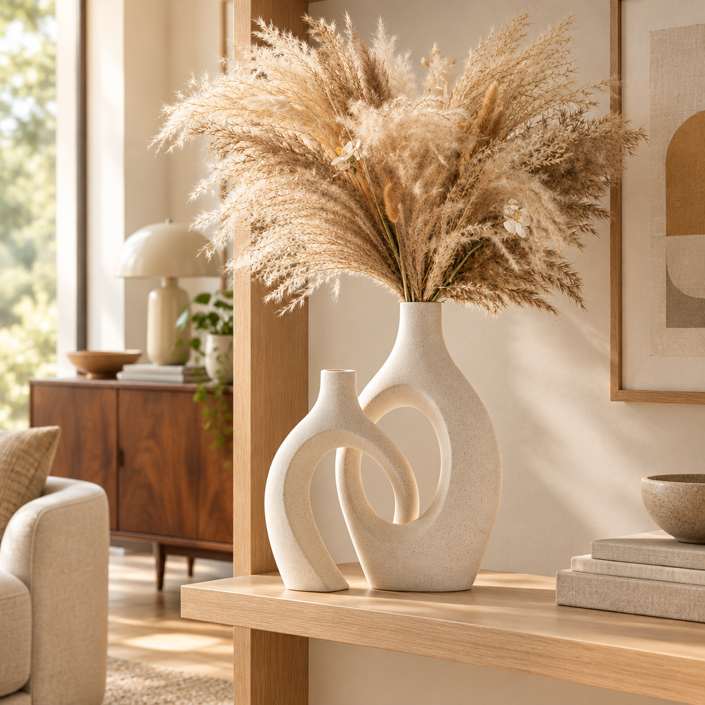 Cream White Hollow Ceramic Vase, Set of 2 styled in a room