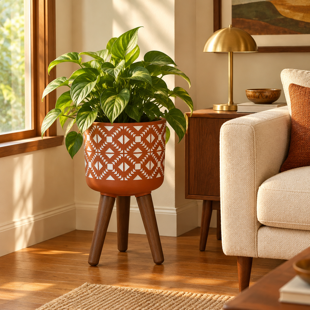 Terracotta and White Planter with Wood Stand, 8 Inch styled in a room