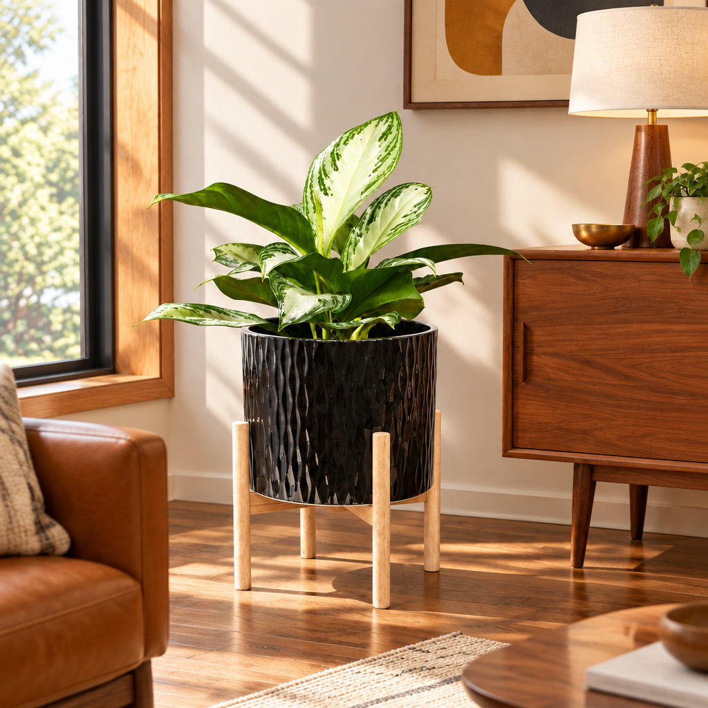 Black Ripple Ceramic Planter with Wood Stand lifestyle photo 2