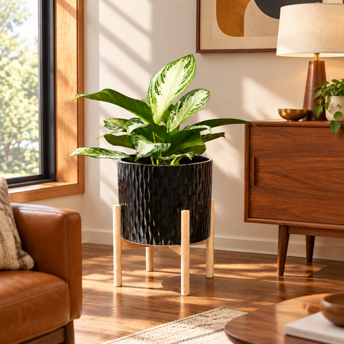 Black Ripple Ceramic Planter with Wood Stand lifestyle photo 2
