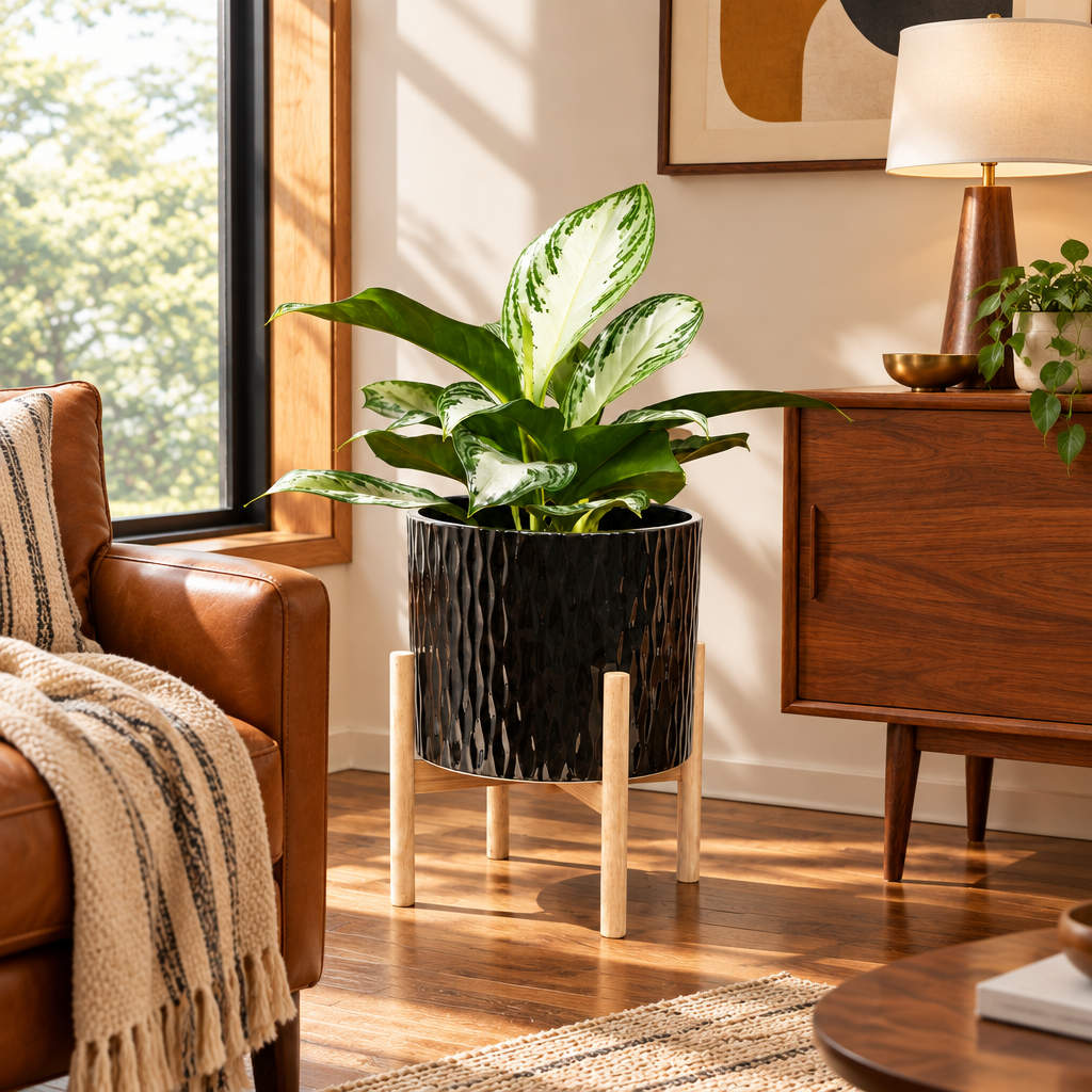 Black Ripple Ceramic Planter with Wood Stand lifestyle photo 3