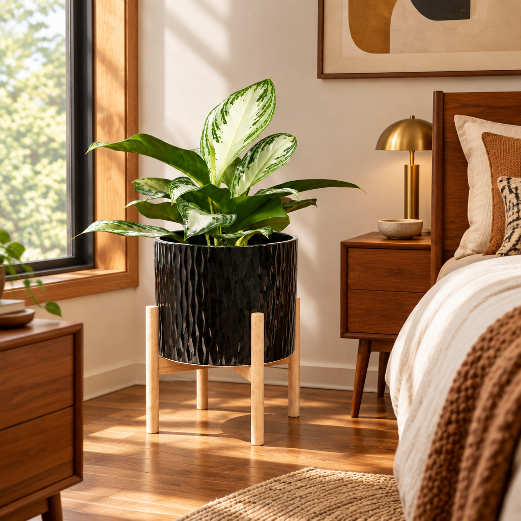 Black Ripple Ceramic Planter with Wood Stand lifestyle photo 4