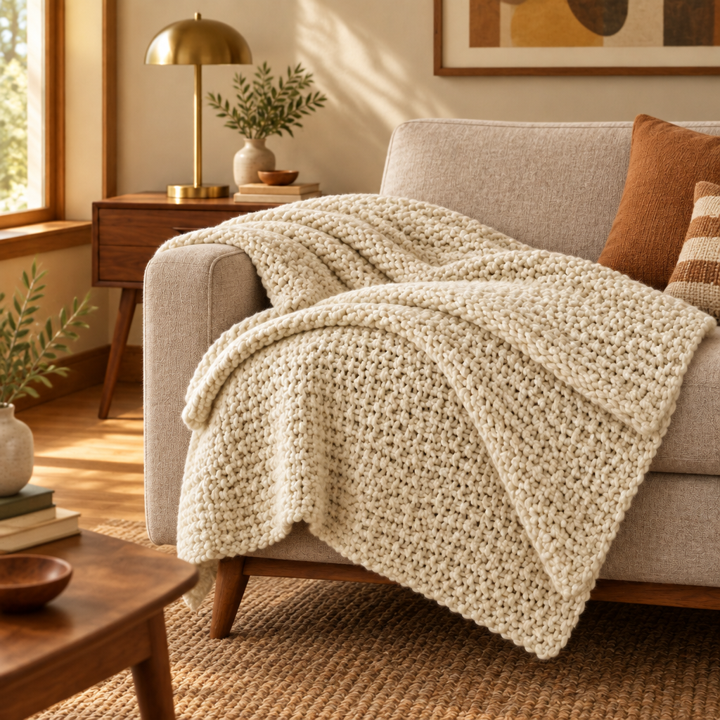 Chunky Cable Knit Throw Blanket in Beige lifestyle photo 2