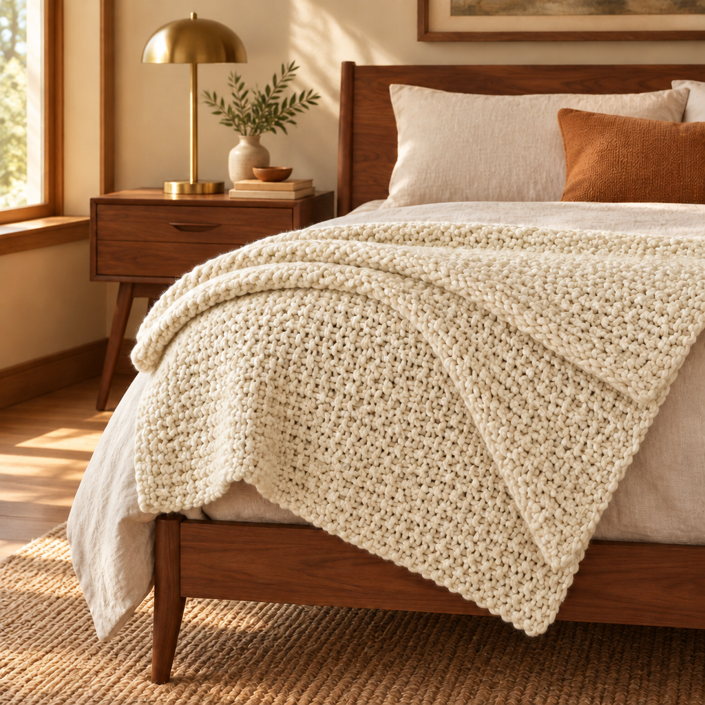 Chunky Cable Knit Throw Blanket in Beige lifestyle photo 3