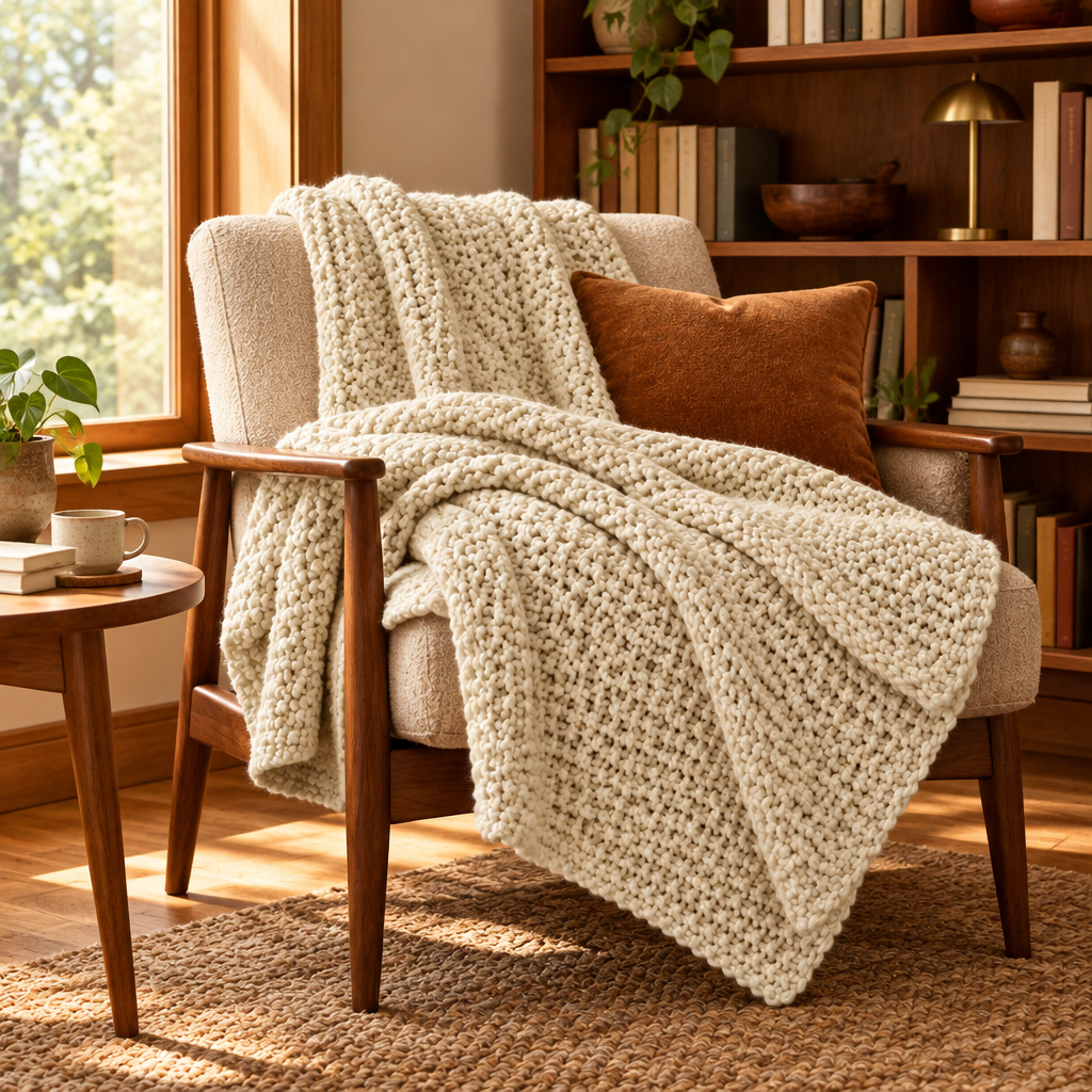 Chunky Cable Knit Throw Blanket in Beige lifestyle photo 4