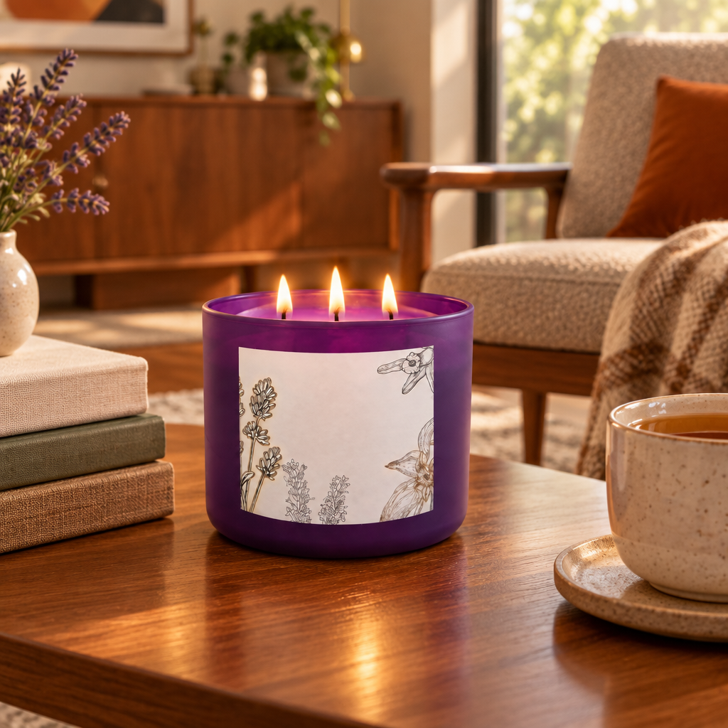 French Lavender Vanilla Three Wick Soy Candle lifestyle photo 2
