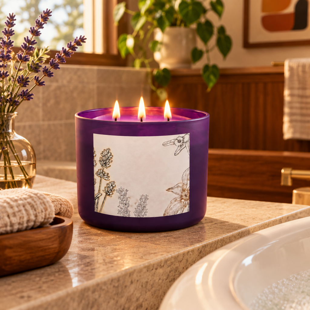 French Lavender Vanilla Three Wick Soy Candle lifestyle photo 3