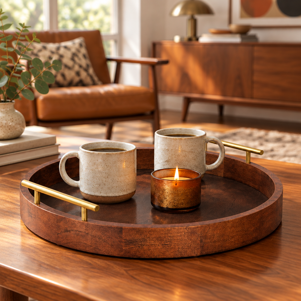 Mid Century Walnut Round Serving Tray with Gold Handles lifestyle photo 2
