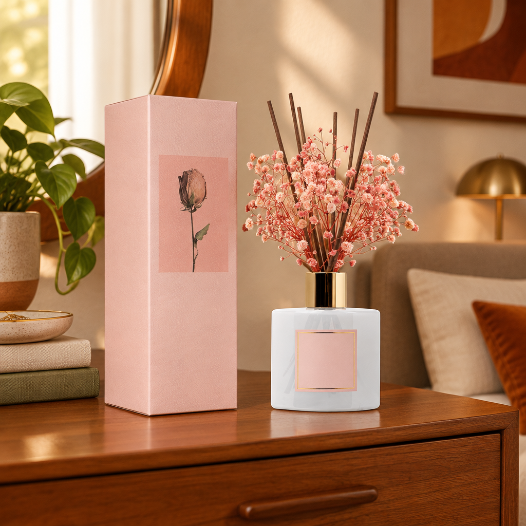 Sandalwood Rose Reed Diffuser Set with Preserved Flowers lifestyle photo 3