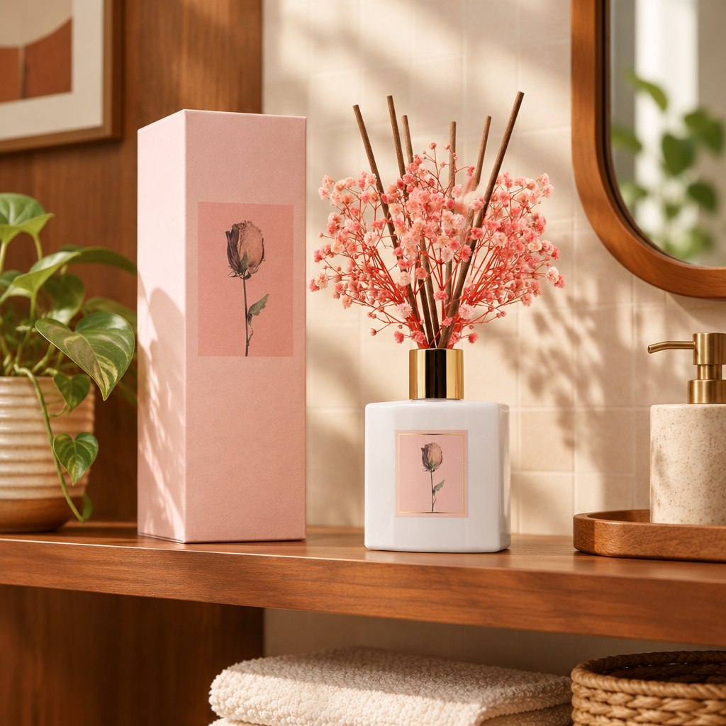 Sandalwood Rose Reed Diffuser Set with Preserved Flowers lifestyle photo 4