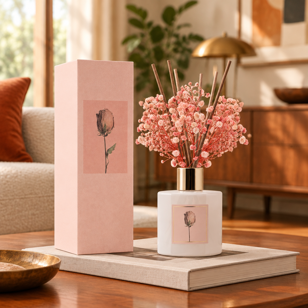 Sandalwood Rose Reed Diffuser Set with Preserved Flowers lifestyle photo 2