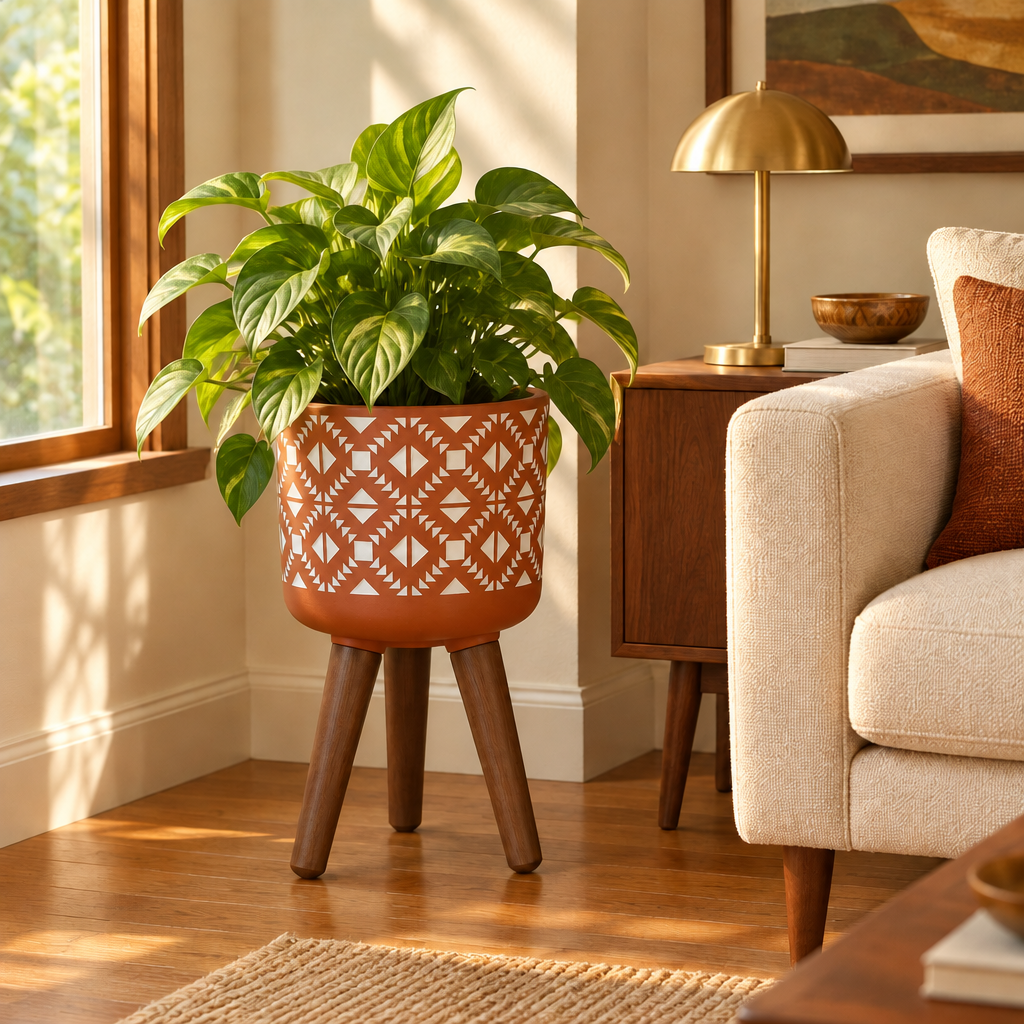 Terracotta and White Planter with Wood Stand lifestyle photo 2