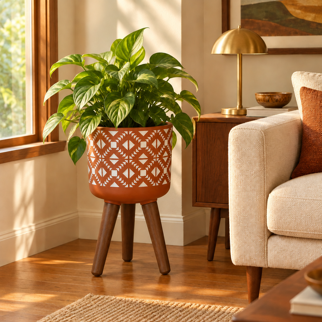 Terracotta and White Planter with Wood Stand lifestyle photo 3
