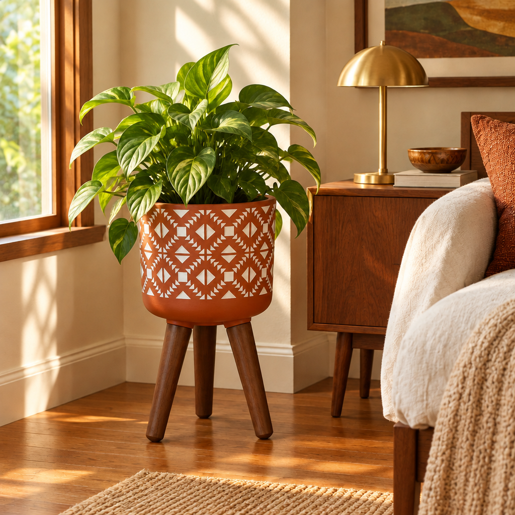 Terracotta and White Planter with Wood Stand lifestyle photo 4